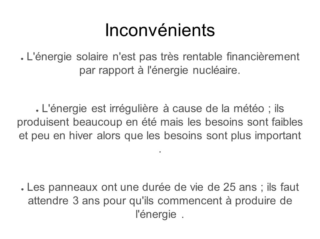découvrez les inconvénients des panneaux photovoltaïques, y compris les coûts d'installation, l'intermittence de la production d'énergie, les besoins en espace, et les impacts environnementaux potentiels. informez-vous sur les limites de cette technologie solar pour prendre une décision éclairée.