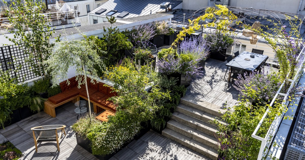 découvrez l'art de vivre à la française avec notre jardin rooftop, un sanctuaire paisible en hauteur où la nature rencontre le confort. profitez d'une vue imprenable tout en vous relaxant au milieu de plantes luxuriantes et de coin de verdure.