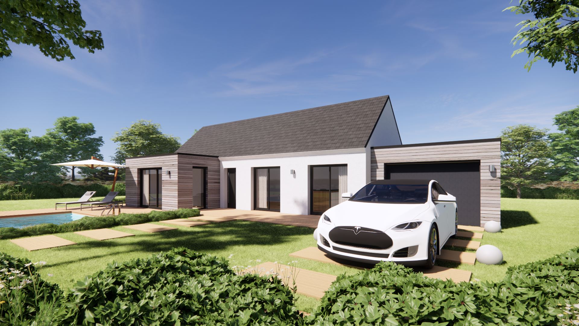 découvrez cette maison plain-pied moderne avec garage intégré et toit plat, offrant un agencement optimisé et un confort de vie à toute la famille. idéale pour ceux qui recherchent une habitation pratique et esthétique.