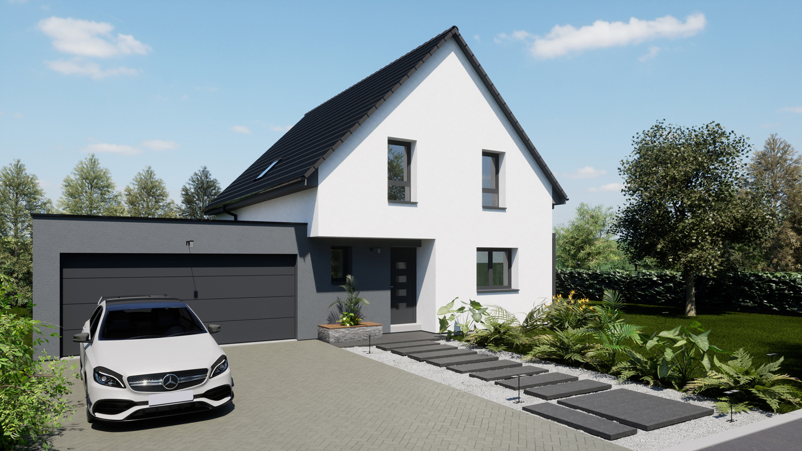 découvrez notre maison moderne avec un design à 2 pans et un garage intégré, le tout surmonté d'un toit plat. idéale pour allier esthétisme et fonctionnalité, cette maison saura répondre à vos besoins en offrant un espace de vie confortable et contemporain.