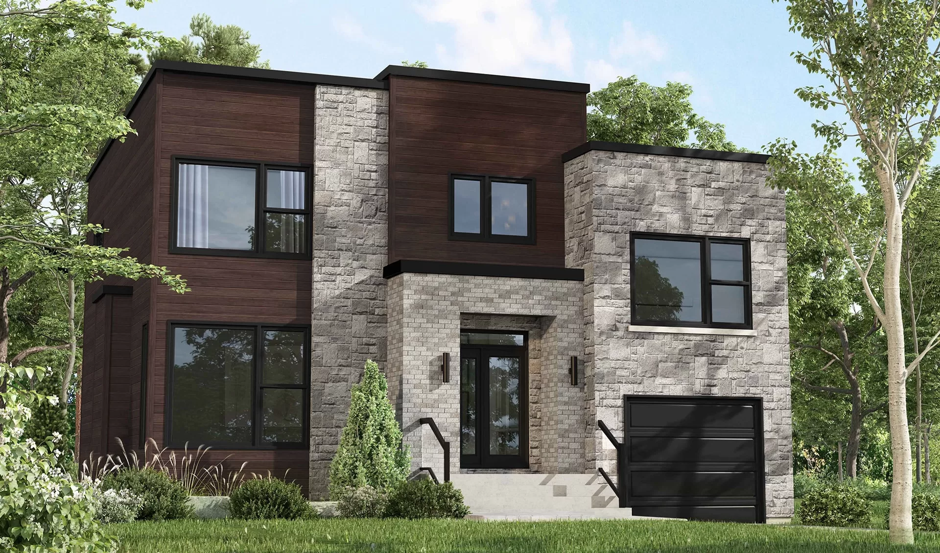 découvrez notre maison moderne à deux pans avec garage et toit plat, alliant confort et esthétisme. profitez d'un espace de vie lumineux et fonctionnel, idéal pour votre famille.